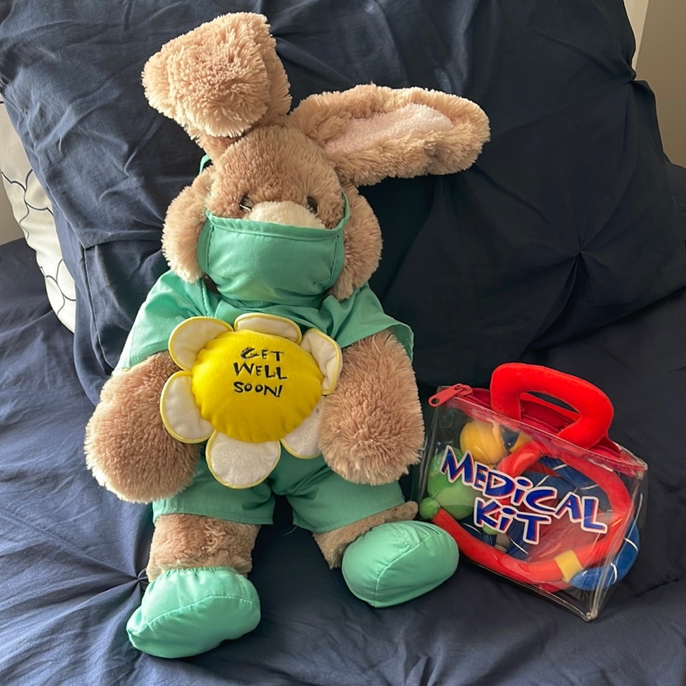 Bunny build a bear with scrubs and a medical kit.